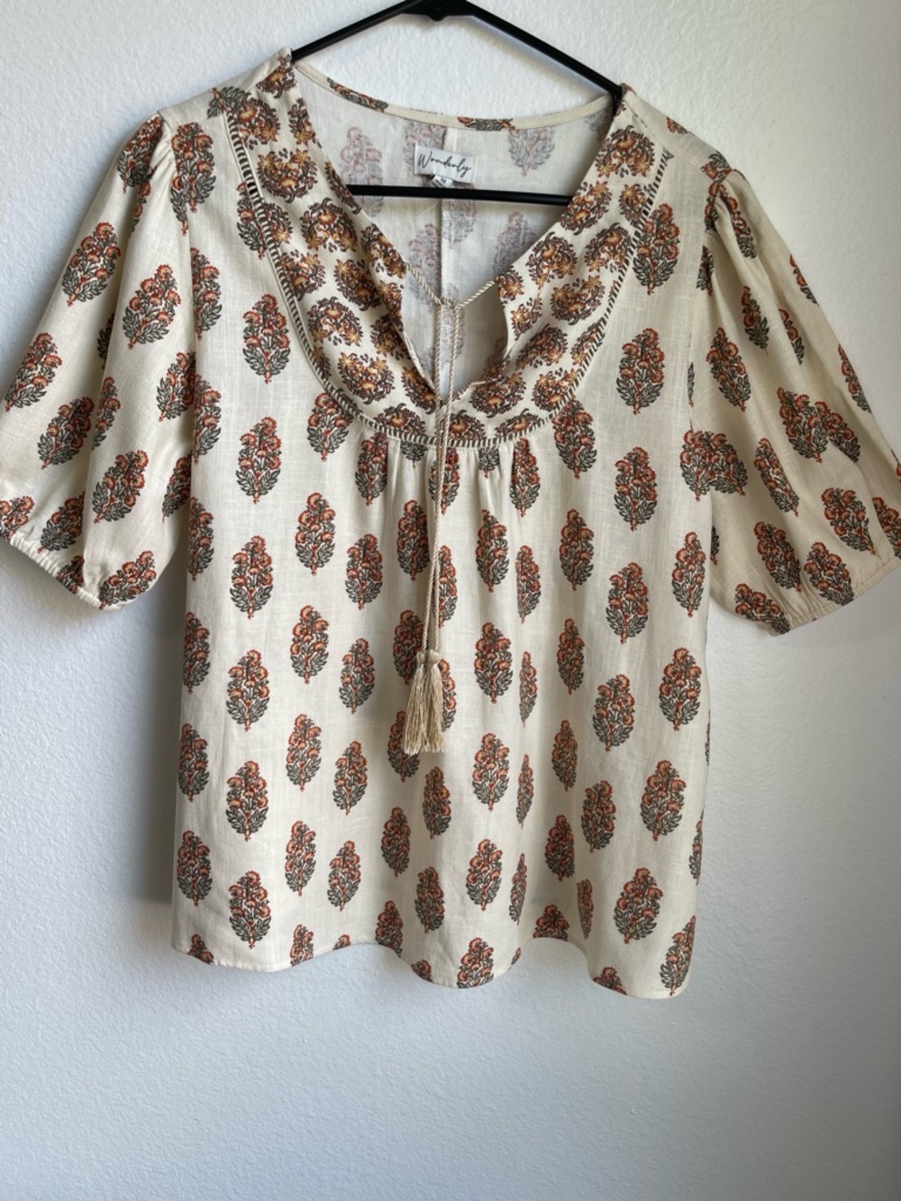 Wonderly Cream Peasant Top with Rust Floral‎ Motif Cottagecore Boho Size M - Picture 3 of 11